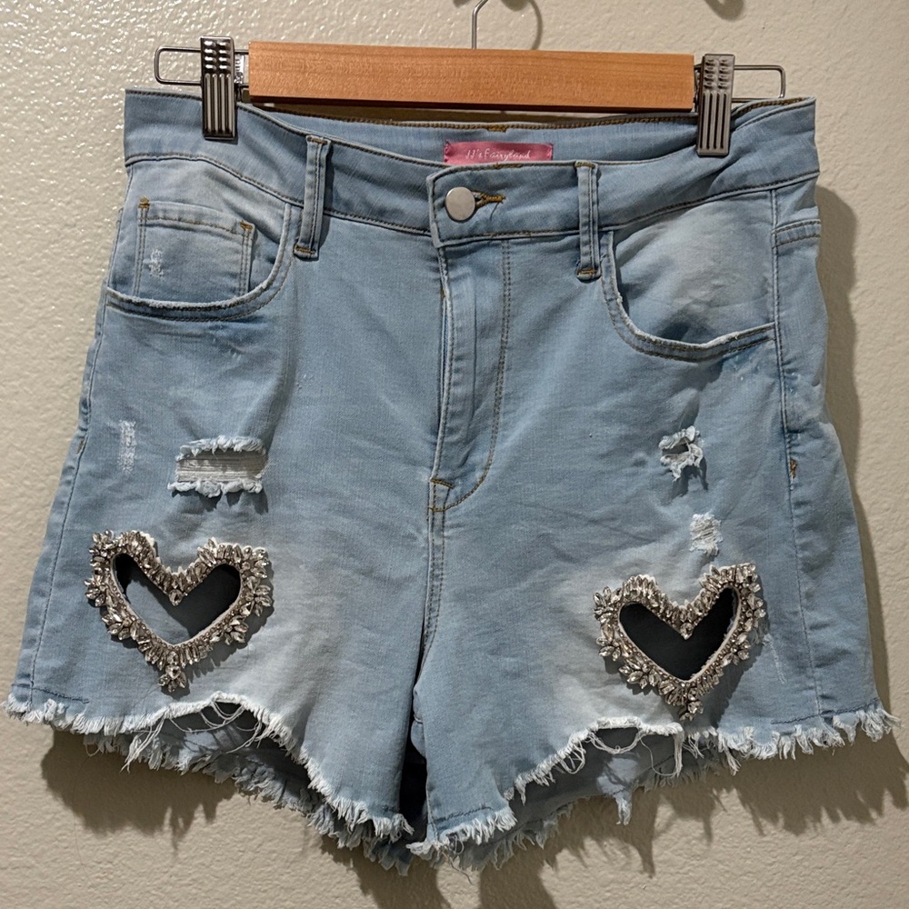 Women's Light Blue Embellished Heart Denim Shorts